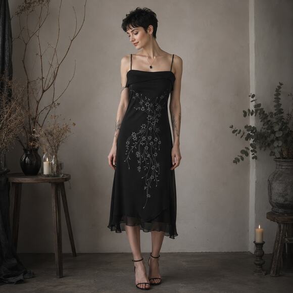 Vintage Dresses & Skirts - Byer Too Vintage Black Y2K Floral Midi Whimsygoth Dark Fairy Dress Small
